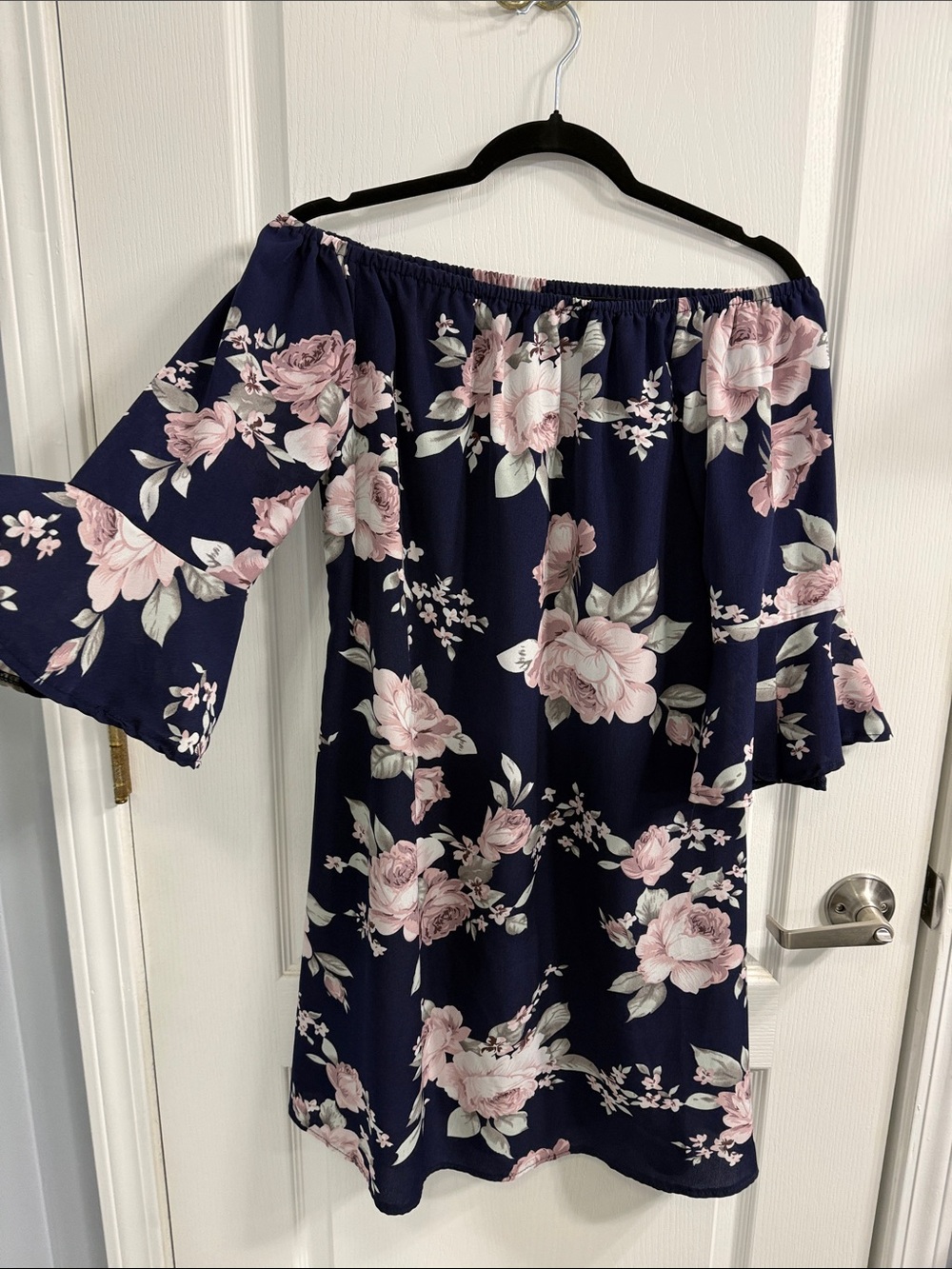 Off-Shoulder Navy Floral Dress with Pink Blooms and Tie Belt